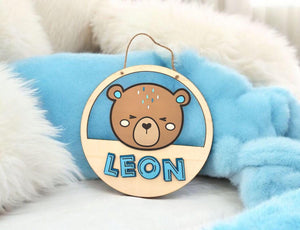 wood Door sign for kids with animal graphic teddy bear and personalised name