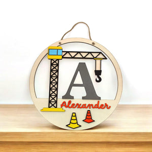 personalisiertes Kran Türschild fürs Kinderzimmer, gefertigt in deinen Wunschfarben, Geschenk zur Taufe, Geburt, Kindergeburtstag, Baustelle