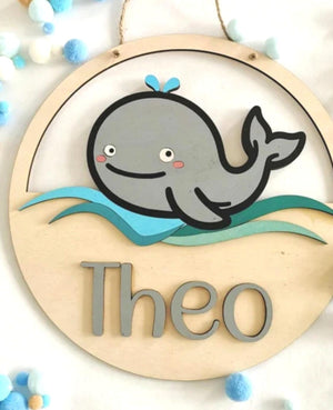 personalisiertes Wal Türschild fürs Kinderzimmer, gefertigt in deinen Wunschfarben, Geschenk zur Taufe, Geburt, Kindergeburtstag, Walfisch