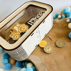 Traktor Spardose personalisiert mit Namen, Sparbüchse, Sparschwein, Geldgeschenk, Geschenk zur Geburt, Taufe, Geburtstag, Trecker
