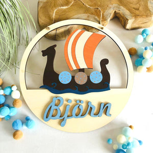 Wikinger Türschild personalisiert fürs Kinderzimmer, gefertigt in Wunschfarben, Geschenk Taufe, Geburt, Kindergeburtstag, Wikingerschiff