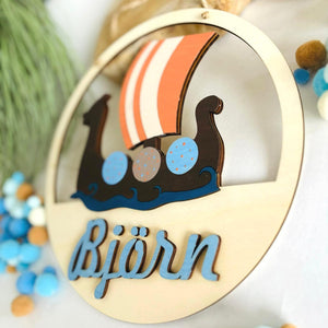 Wikinger Türschild personalisiert fürs Kinderzimmer, gefertigt in Wunschfarben, Geschenk Taufe, Geburt, Kindergeburtstag, Wikingerschiff