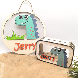Dino Spardose personalisiert mit Namen in Wunschfarben, Sparbüchse, Sparschwein, Geldgeschenk, Geschenk Geburt, Taufe Geburtstag Dinosaurier