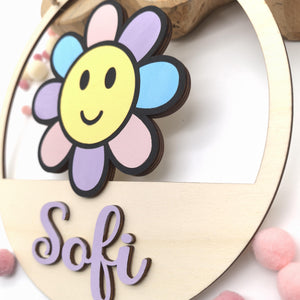 Blumen Türschild personalisiert fürs Kinderzimmer, gefertigt in Wunschfarben, Geschenk Taufe, Geburt, Kindergeburtstag, Daisy, Sonnenblume