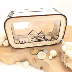 Spardose Hochzeitsgeschenk personalisiert mit Name und Datum, Geldgeschenk, Sparschwein Geburtstagsgeschenk Freundin Ehefrau Einzugsgeschenk