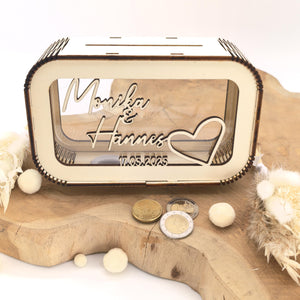 Spardose Hochzeitsgeschenk personalisiert mit Name und Datum, Geldgeschenk, Sparschwein Geburtstagsgeschenk Freundin Ehefrau Einzugsgeschenk