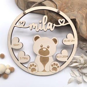 Namensschild mit Geburtsdaten aus Holz mit süßen Teddy, personalisiertes Geschenk zur Geburt / Taufe, Kinder Geburtstag, Baby Shower