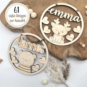 Namensschild mit Geburtsdaten aus Holz , 61 süße Tiermotive, personalisiertes Geschenk zur Geburt / Taufe, Kinder Geburtstag, Baby Shower