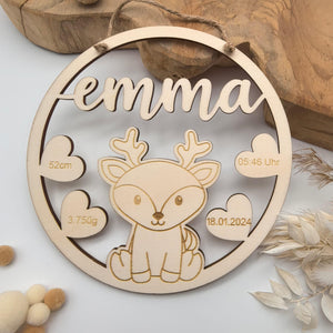 Namensschild mit Geburtsdaten aus Holz , 61 süße Tiermotive, personalisiertes Geschenk zur Geburt / Taufe, Kinder Geburtstag, Baby Shower