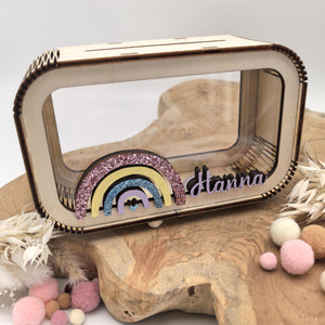 Regenbogen Spardose personalisiert mit Namen in Wunschfarben, Sparbüchse, Sparschwein, Geldgeschenk, Geschenk Geburt, Taufe, Geburtstag