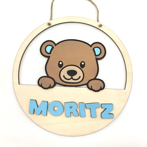 personalisiertes Teddy Türschild fürs Kinderzimmer, gefertigt in deinen Wunschfarben, Geschenk zur Taufe, Geburt, Kindergeburtstag