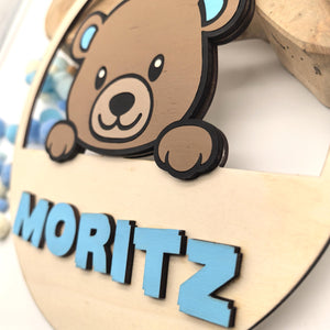 personalisiertes Teddy Türschild fürs Kinderzimmer, gefertigt in deinen Wunschfarben, Geschenk zur Taufe, Geburt, Kindergeburtstag