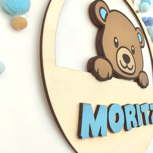 personalisiertes Teddy Türschild fürs Kinderzimmer, gefertigt in deinen Wunschfarben, Geschenk zur Taufe, Geburt, Kindergeburtstag