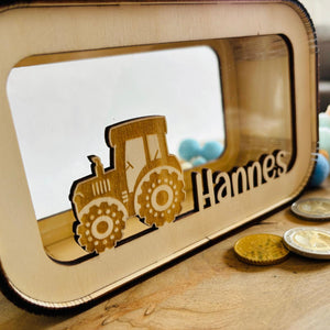 Traktor Spardose personalisiert mit Namen, Sparbüchse, Sparschwein, Geldgeschenk, Geschenk zur Geburt, Taufe, Geburtstag, Trecker
