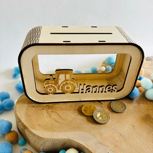 Traktor Spardose personalisiert mit Namen, Sparbüchse, Sparschwein, Geldgeschenk, Geschenk zur Geburt, Taufe, Geburtstag, Trecker
