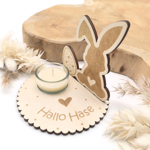 Osterhase Teelichthalter personalisiert mit deinem Text / Name, inklusive Glas Teelichthalter, Tischdeko, Kerzenständer, Osterdeko, Ostern