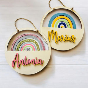 Regenbogen Türschild personalisiert, gefertigt in Wunschfarben, Geburtstagsgeschenk, Geschenk Taufe, Geburt, Kindergeburtstag, Namensschild