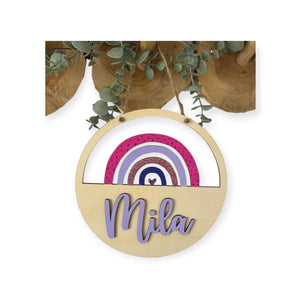 Regenbogen Türschild personalisiert, gefertigt in Wunschfarben, Geburtstagsgeschenk, Geschenk Taufe, Geburt, Kindergeburtstag, Namensschild