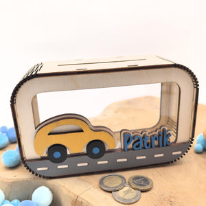 Auto Spardose personalisiert mit Namen in Wunschfarben, Sparbüchse, Sparschwein, Geldgeschenk, Geschenk zur Geburt, Taufe, Geburtstag