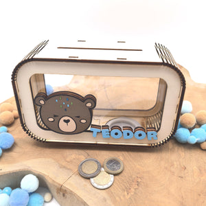 Bär Spardose personalisiert mit Namen in Wunschfarben, Sparbüchse, Sparschwein, Geldgeschenk, Geschenk Geburt, Taufe, Geburtstag, Teddy