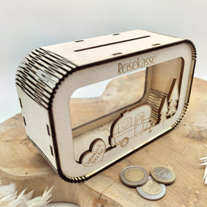 Spardose Reisekasse personalisiert mit Name, Geldgeschenk, Sparschwein Geburtstagsgeschenk Freundin Ehefrau Einzugsgeschenk, Camper, Camping