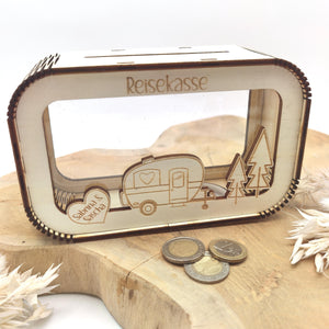 Spardose Reisekasse personalisiert mit Name, Geldgeschenk, Sparschwein Geburtstagsgeschenk Freundin Ehefrau Einzugsgeschenk, Camper, Camping