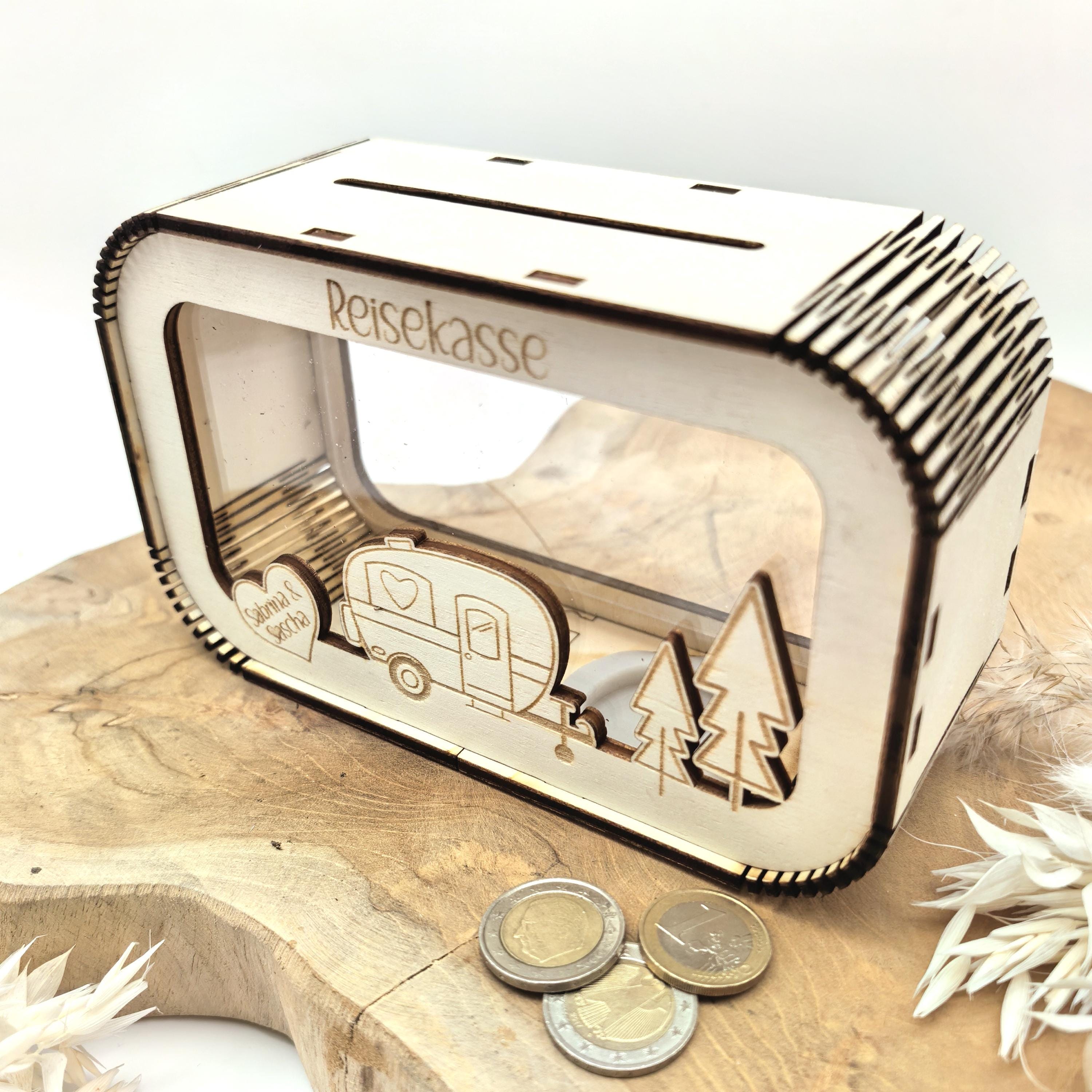 Spardose Reisekasse personalisiert mit Name, Geldgeschenk, Sparschwein Geburtstagsgeschenk Freundin Ehefrau Einzugsgeschenk, Camper, Camping