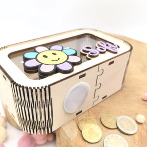 Blumen Spardose personalisiert mit Namen in Wunschfarben, Sparbüchse, Sparschwein, Geldgeschenk, Geschenk Geburt, Taufe, Geburtstag, Daisy