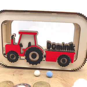 Traktor Spardose personalisiert mit Namen in Wunschfarben, Sparbüchse, Sparschwein, Geldgeschenk, Geschenk Geburt, Taufe, Geburtstag Trecker