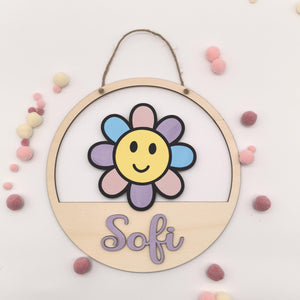 Blumen Türschild personalisiert fürs Kinderzimmer, gefertigt in Wunschfarben, Geschenk Taufe, Geburt, Kindergeburtstag, Daisy, Sonnenblume