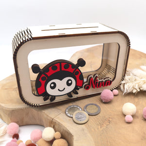 Marienkäfer Spardose personalisiert mit Namen in Wunschfarben, Sparbüchse, Sparschwein, Geldgeschenk, Geschenk Geburt, Taufe, Geburtstag