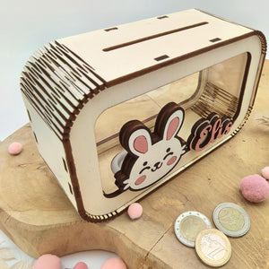 Spardose Hase personalisiert mit Namen in Wunschfarben, Sparbüchse, Sparschwein, Geldgeschenk, Geschenk Geburt, Taufe, Geburtstag, Häschen