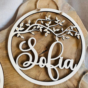 Filigranes, personalisiertes Namensschild, Türschild mit dezenten Zweigen im Boho Stil, Geschenk Baby, Geburt, Taufe, Kinderzimmerdeko