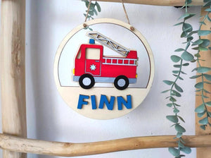 Feuerwehr Türschild personalisiert fürs Kinderzimmer, gefertigt in Wunschfarben, Feuerwehrauto, Geschenk Taufe, Geburt, Namensschild, Truck