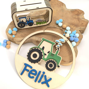 Türschild Traktor personalisiert fürs Kinderzimmer, gefertigt in Wunschfarben, Geschenk Taufe, Geburt, Kindergeburtstag Trecker Namensschild