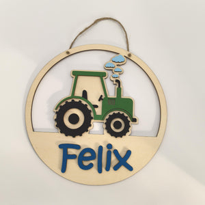 Türschild Traktor personalisiert fürs Kinderzimmer, gefertigt in Wunschfarben, Geschenk Taufe, Geburt, Kindergeburtstag Trecker Namensschild