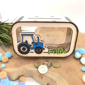 wood money box for kids with tractor and personalized name color blue