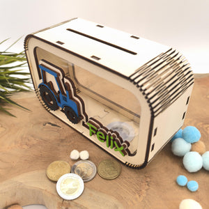 Traktor Spardose personalisiert mit Namen in Wunschfarben, Sparbüchse, Sparschwein, Geldgeschenk, Geschenk Geburt, Taufe, Geburtstag Trecker