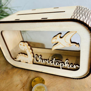 Dino Spardose personalisiert mit Namen, Sparbüchse, Sparschwein, Geldgeschenk, Geschenk zur Geburt, Taufe, Geburtstag, Dinosaurier, Trex