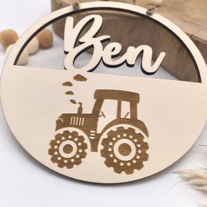 Türschild Traktor personalisiert fürs Kinderzimmer, gefertigt in Wunschfarben, Geschenk Taufe, Geburt, Kindergeburtstag Trecker Namensschild