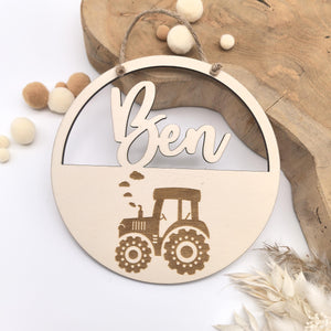 Türschild Traktor personalisiert fürs Kinderzimmer, gefertigt in Wunschfarben, Geschenk Taufe, Geburt, Kindergeburtstag Trecker Namensschild
