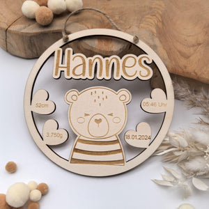 Namensschild mit Geburtsdaten aus Holz , 61 süße Tiermotive, personalisiertes Geschenk zur Geburt / Taufe, Kinder Geburtstag, Baby Shower