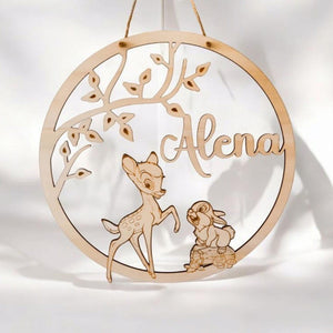 Personalisiertes Namensschild, Türschild, Holzschild Kinder Baby, Geschenk Geburt Taufe Geburtstag, Kinderzimmer Patenkind, bamby Reh Hase