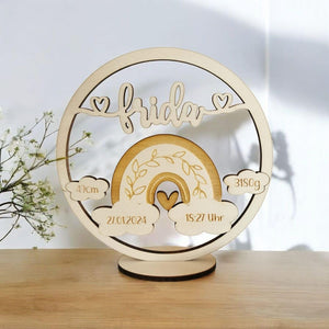 Namensschild mit Geburtsdaten aus Holz , und süßen Regenbogen, personalisiertes Geschenk zur Geburt / Taufe, Kinder Geburtstag, Baby Shower