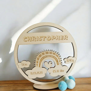 Namensschild mit Geburtsdaten aus Holz , und süßen Regenbogen, personalisiertes Geschenk zur Geburt / Taufe, Kinder Geburtstag, Baby Shower