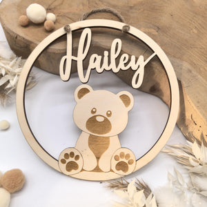 Teddybär Türschild personalisiert fürs Kinderzimmer, gefertigt in Wunschfarben, Geschenk Taufe, Geburt, Kindergeburtstag, Namensschild