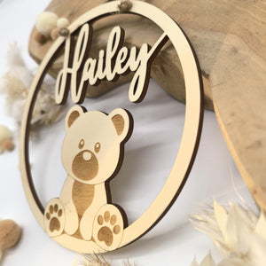 Teddybär Türschild personalisiert fürs Kinderzimmer, gefertigt in Wunschfarben, Geschenk Taufe, Geburt, Kindergeburtstag, Namensschild