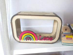 Regenbogen Spardose personalisiert mit Namen in Wunschfarben, Sparbüchse, Sparschwein, Geldgeschenk, Geschenk Geburt, Taufe, Geburtstag