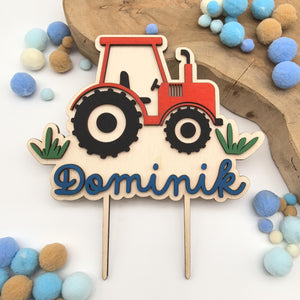 cake topper with tractor design and personalized name out of wood
