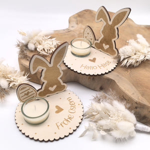 Osterhase Teelichthalter personalisiert mit deinem Text / Name, inklusive Glas Teelichthalter, Tischdeko, Kerzenständer, Osterdeko, Ostern